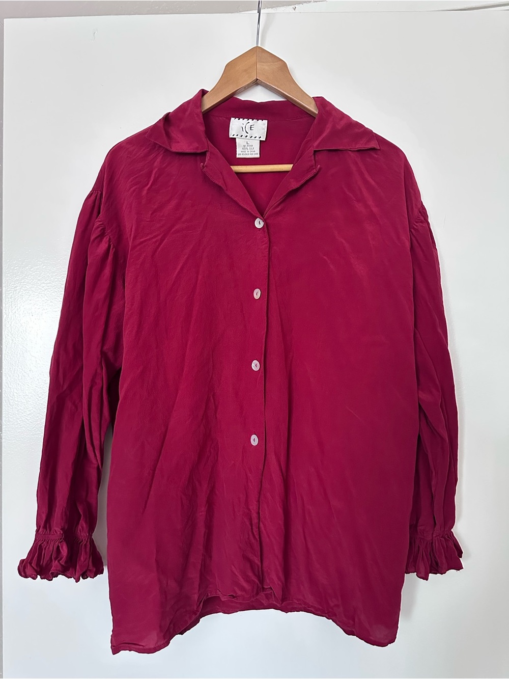 Vintage Ice Silk Button-Down Blouse Ruffled cuffs in Deep Berry Red